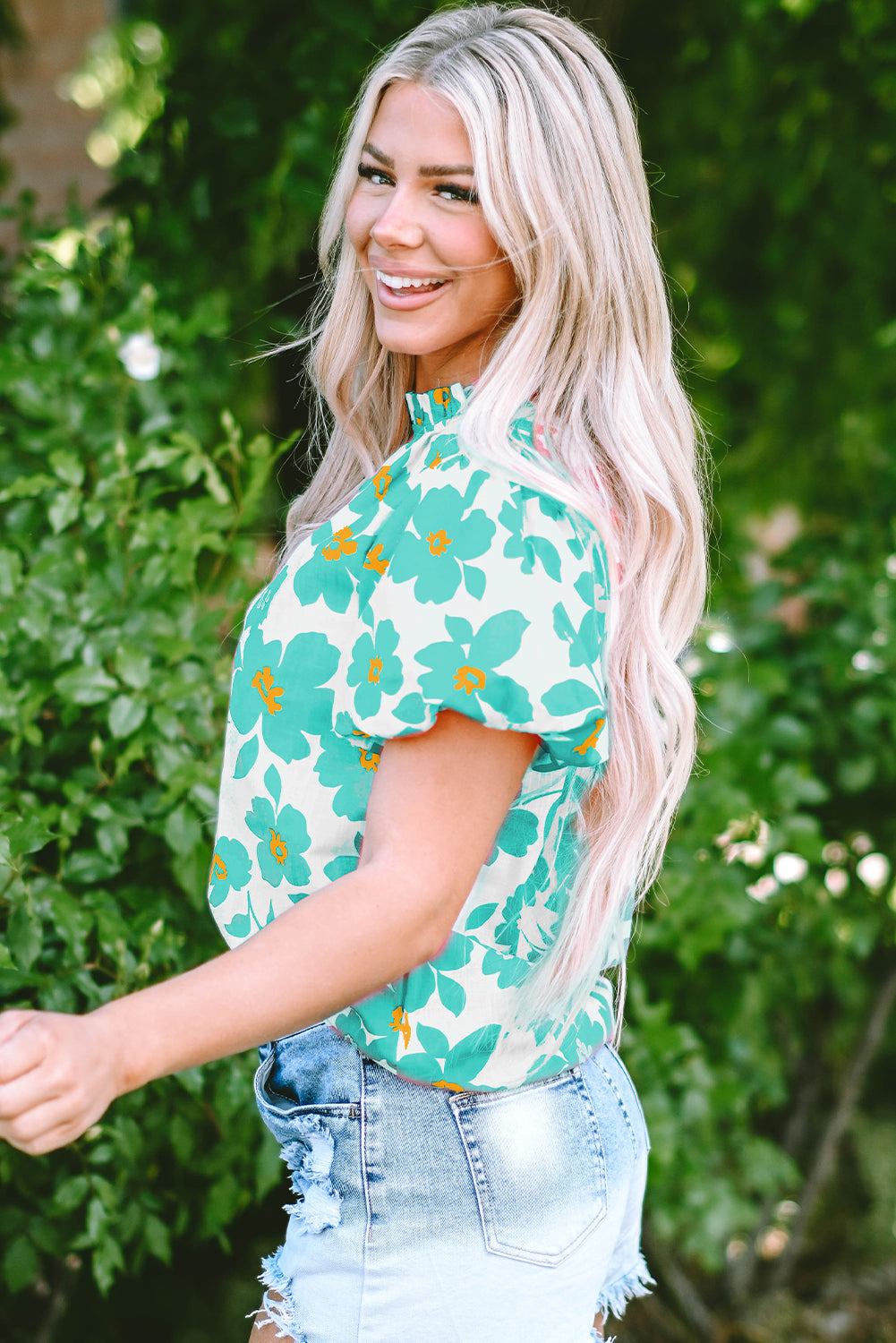 Beige Floral Puff Sleeve Frilled Neckline Blouse