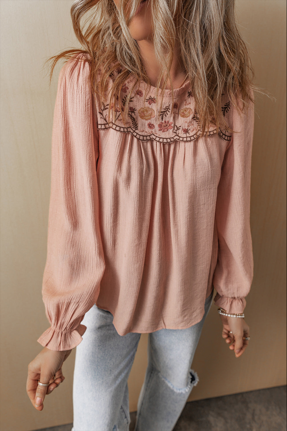 Gossamer Pink Floral Embroidered Textured Flounce Sleeve Elegant Blouse