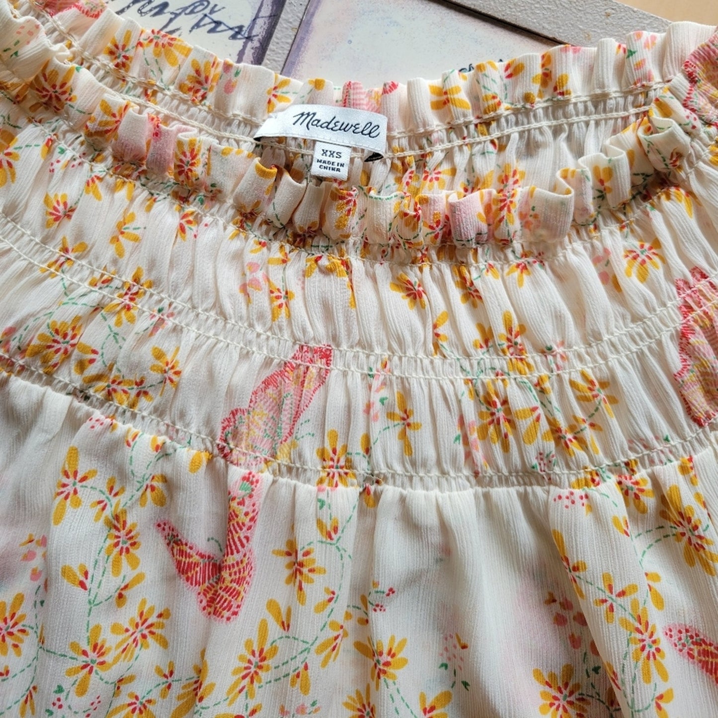 Madewell Smocked Mock Neck Floral Sheer Bohemian Blouse