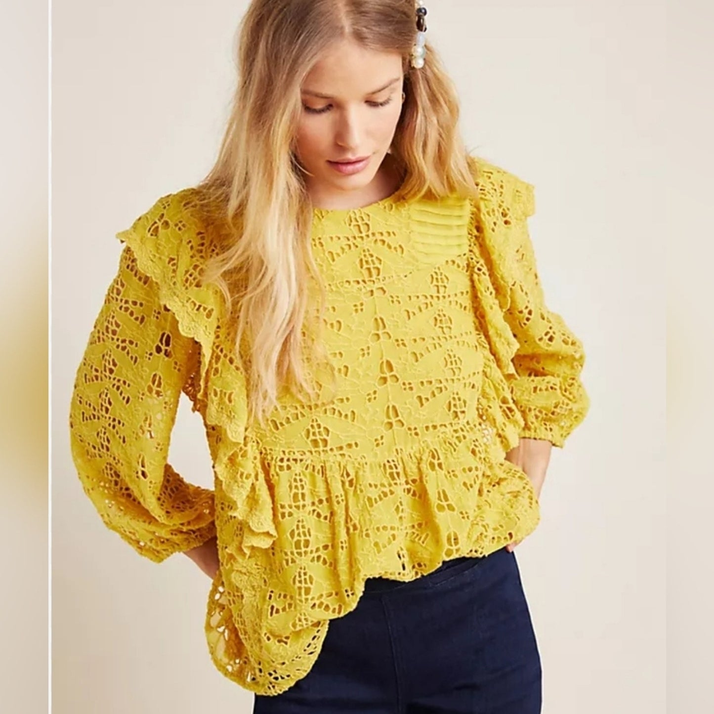 Anthropologie Golden Bohemian Lace Quarter Sleeve Blouse Meave Clementine Blouse