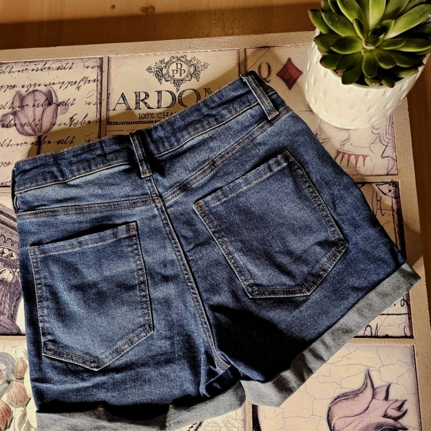 Love Wish Dark Wash Folded Stretchy Jean Shorts