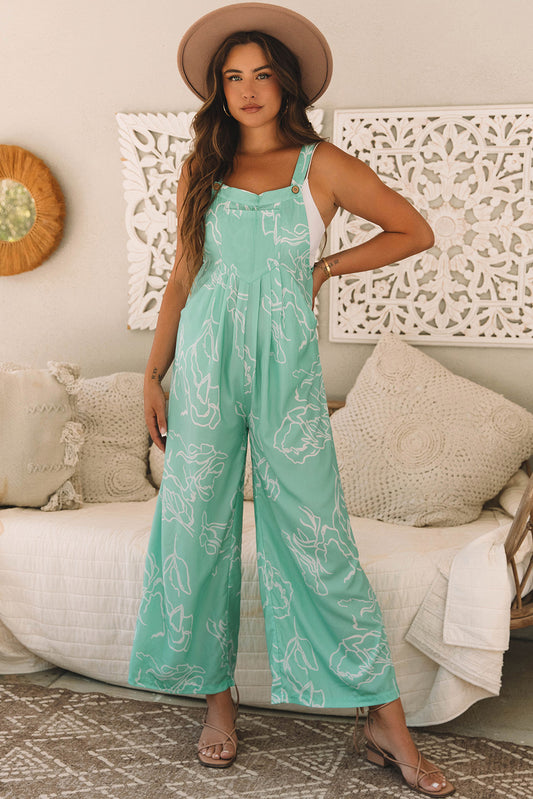 Moonlight Jade Printed Bib Wide Leg Overalls