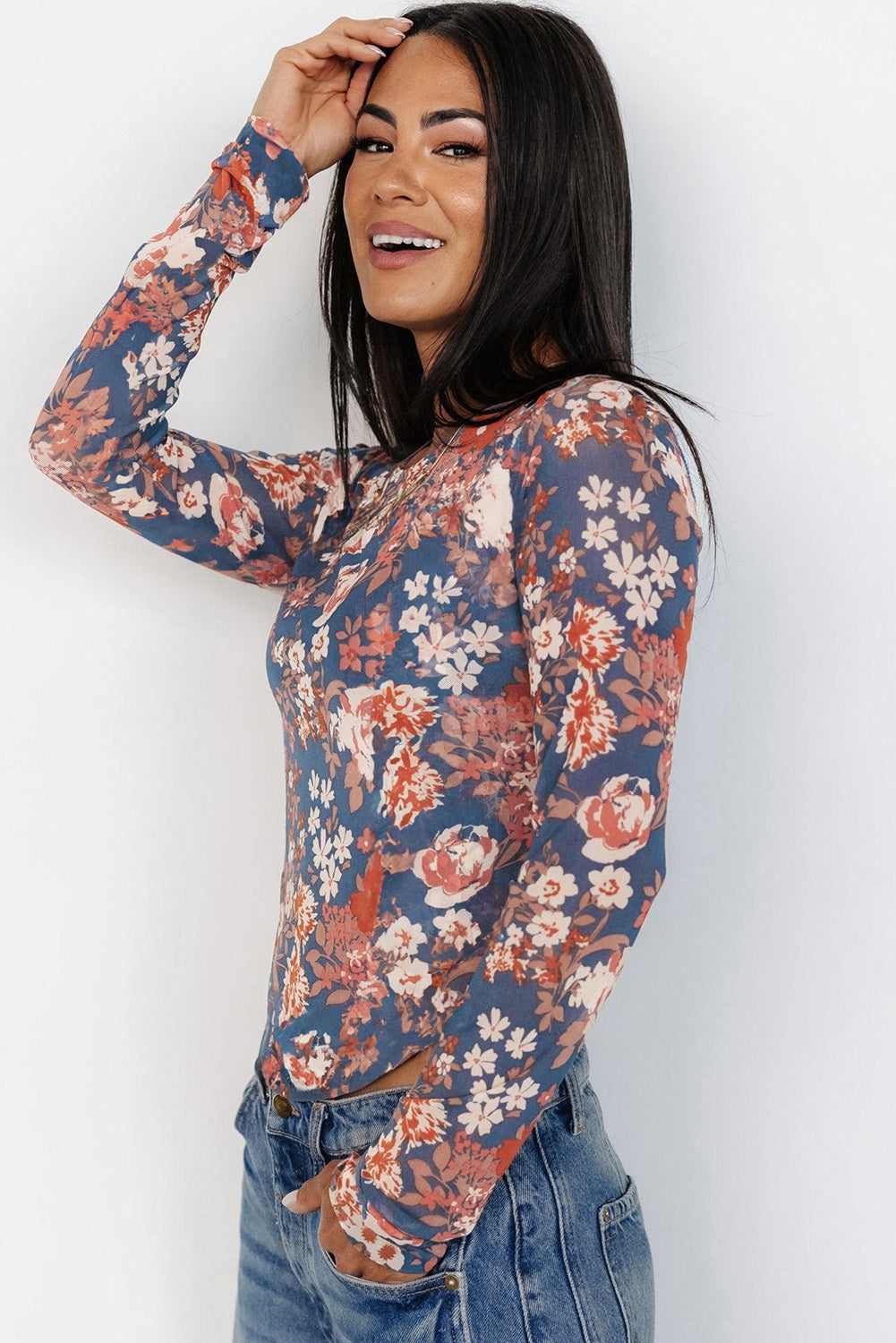 Black Floral Print Mesh Fitted Long Sleeve Top