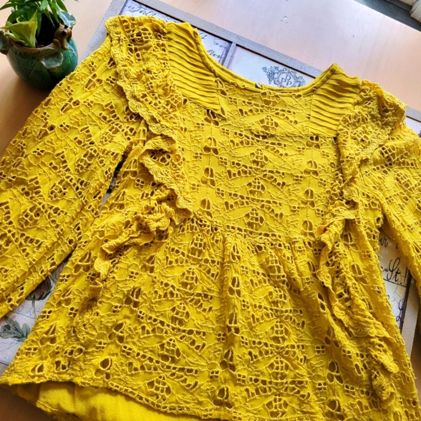 Anthropologie Golden Bohemian Lace Quarter Sleeve Blouse Meave Clementine Blouse