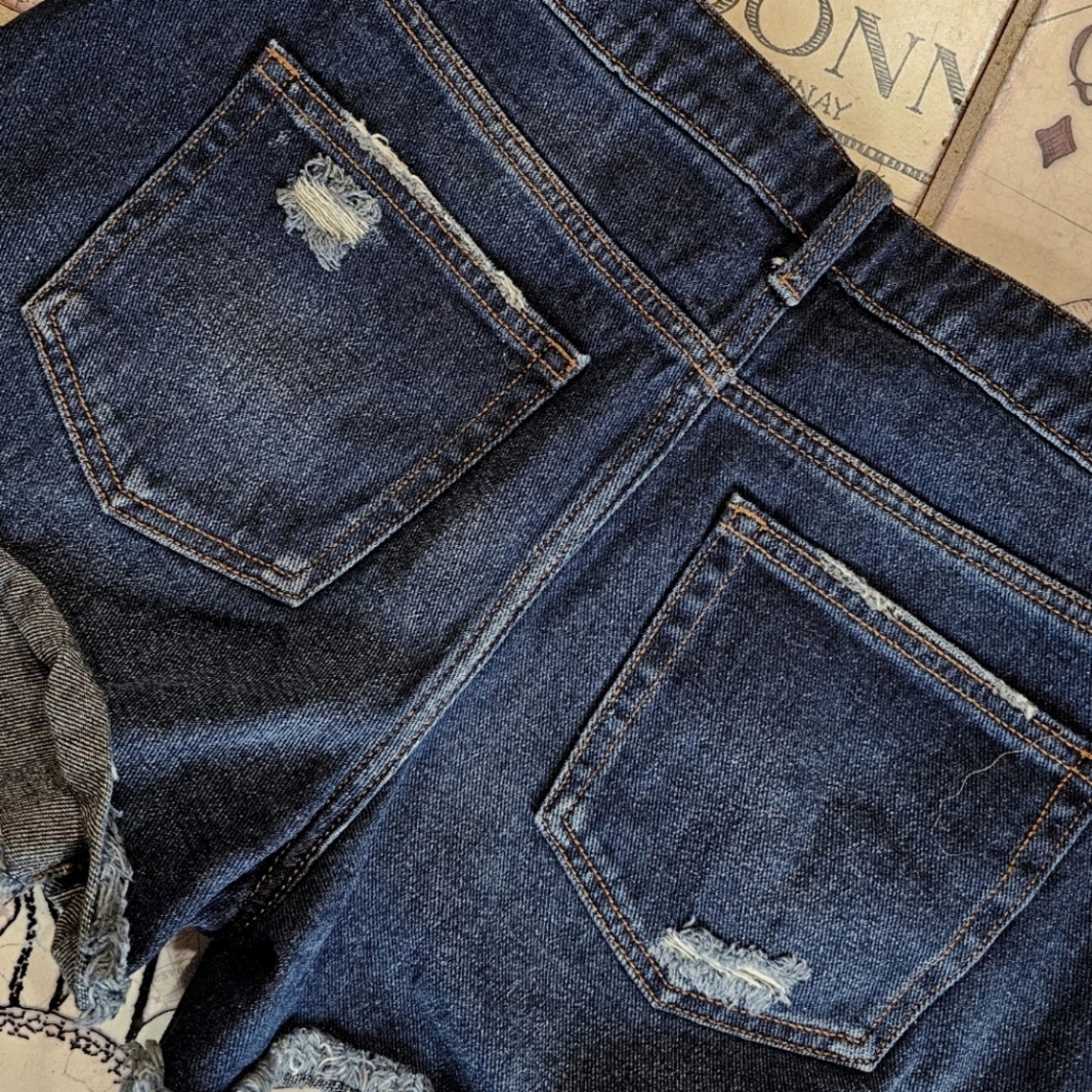 Time & Tru Dark Wash Distressed High Rise Shorts