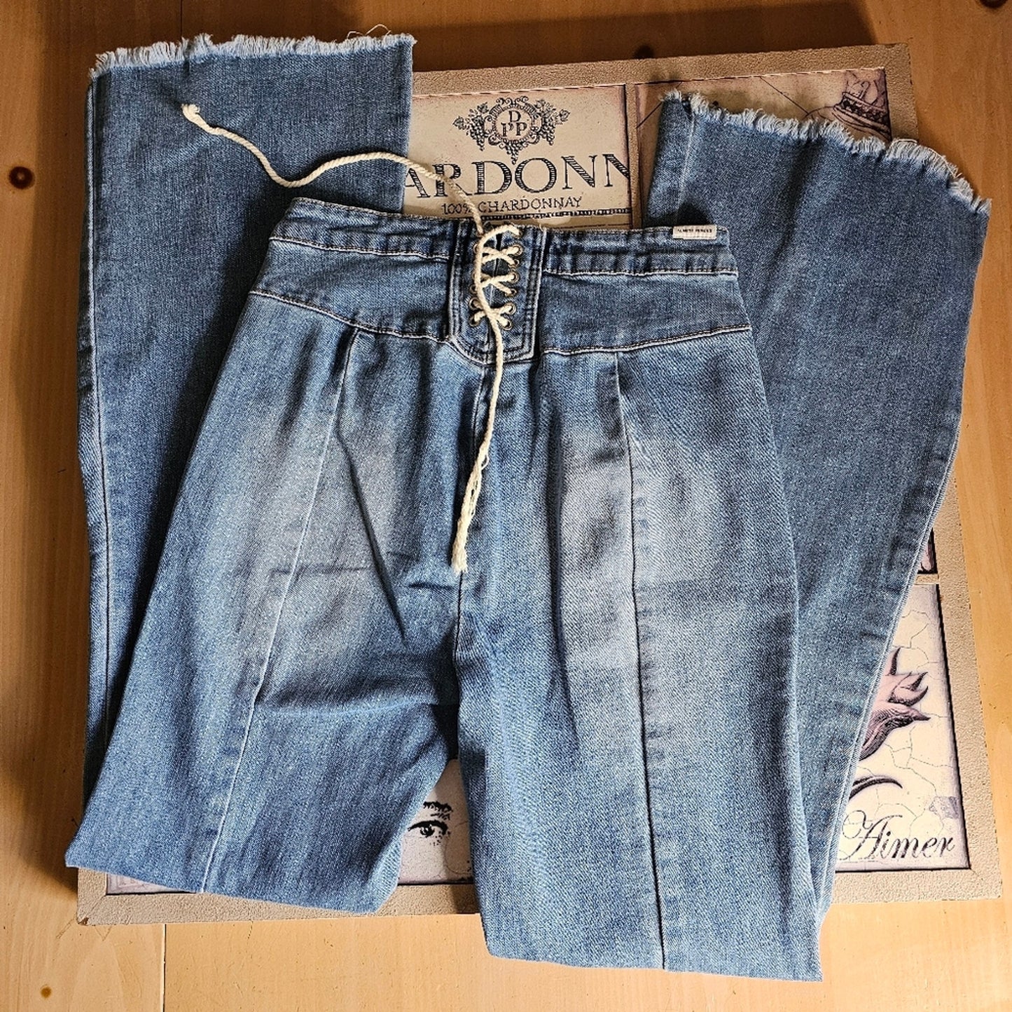 Almost Famous Stretchy Bell Bottom Tie Back Jeans 70s Style