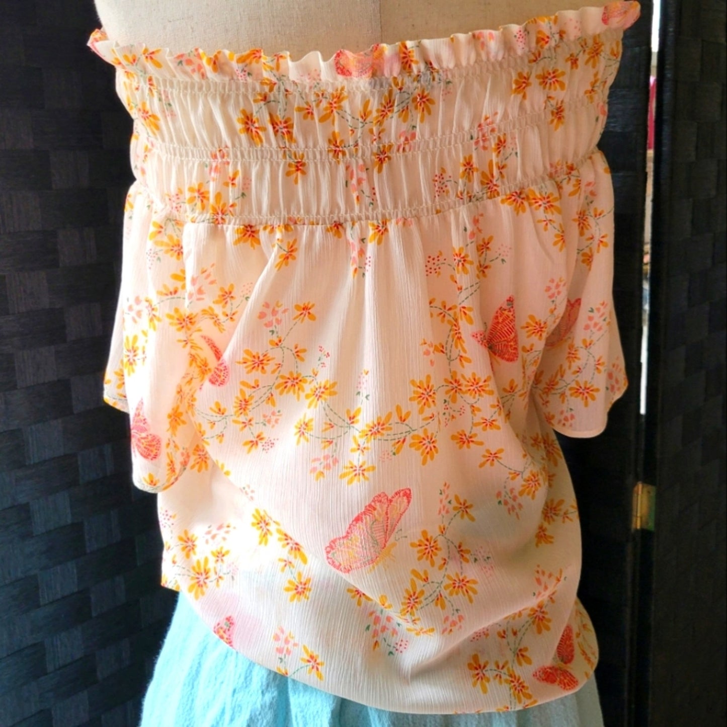 Madewell Smocked Mock Neck Floral Sheer Bohemian Blouse