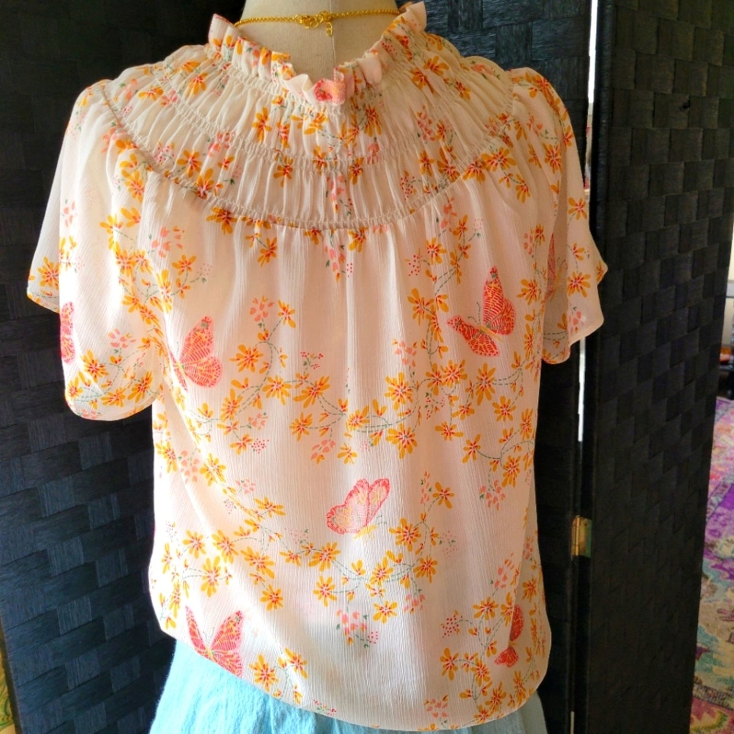 Madewell Smocked Mock Neck Floral Sheer Bohemian Blouse