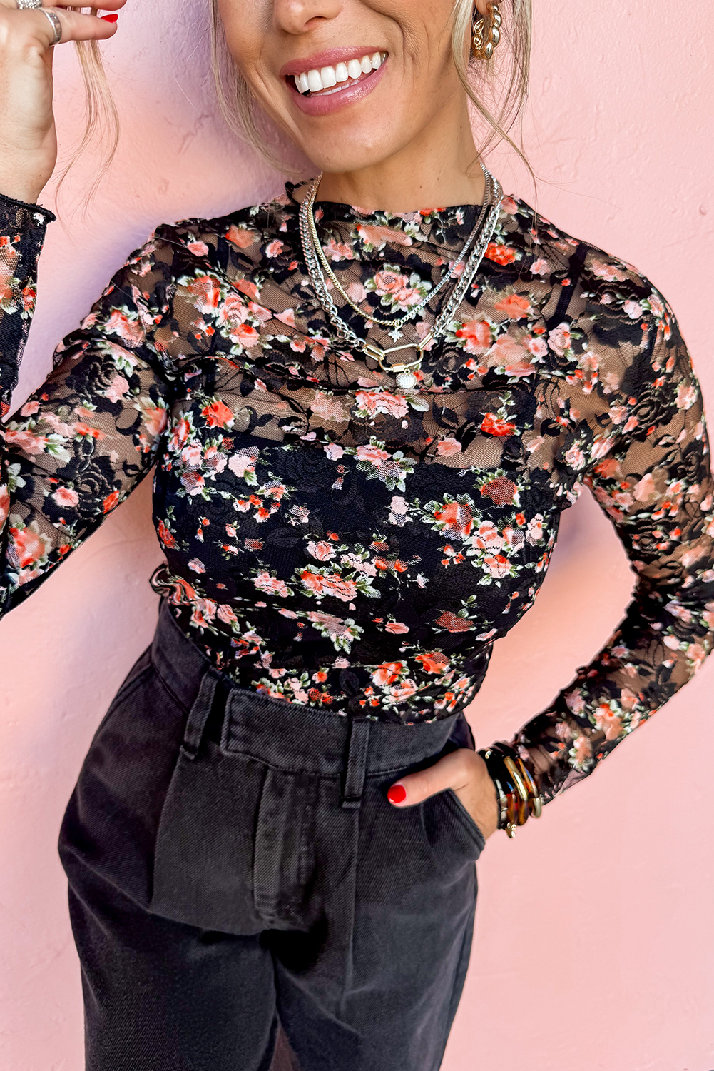 Black Floral Mesh Sheer Long Sleeve Top