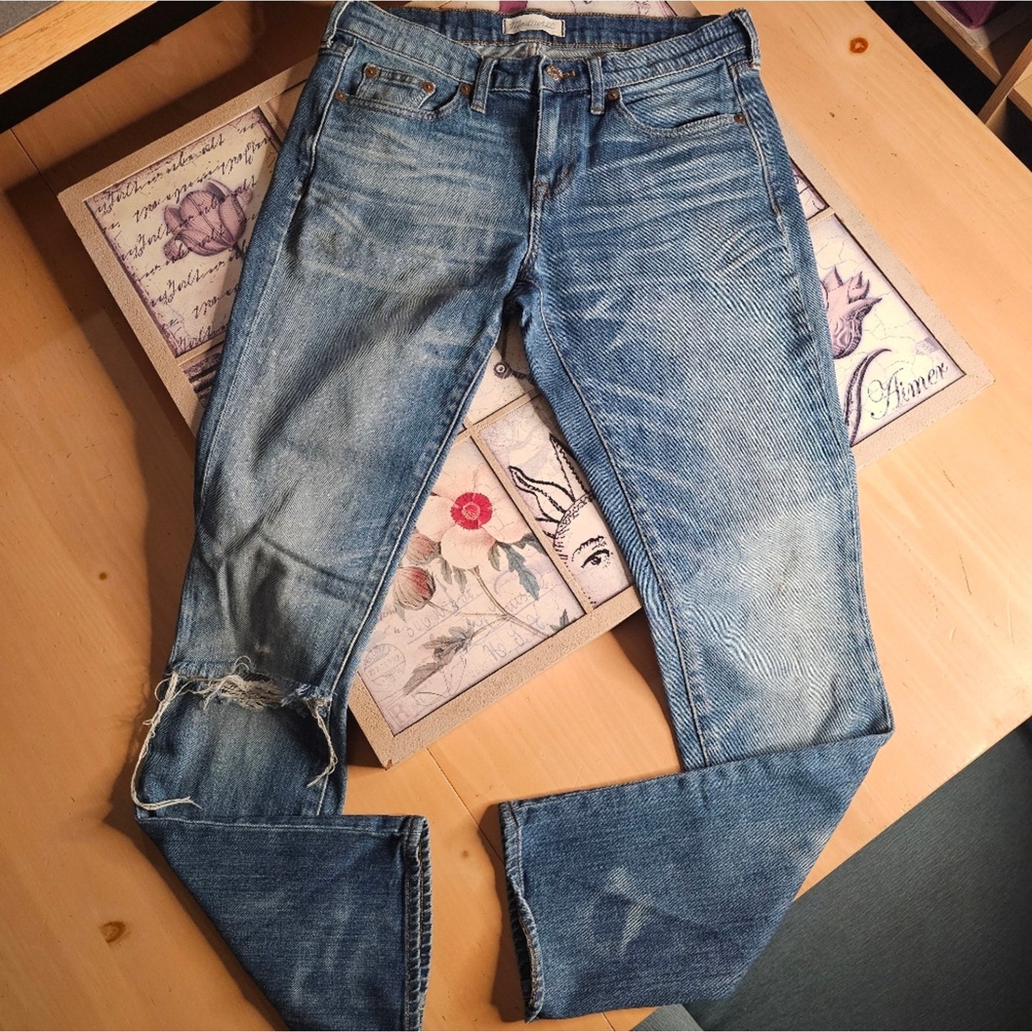 Madewell Distressed Mid Rise Slim Boy Jean's