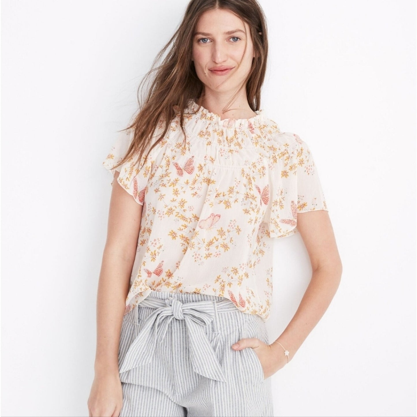 Madewell Smocked Mock Neck Floral Sheer Bohemian Blouse